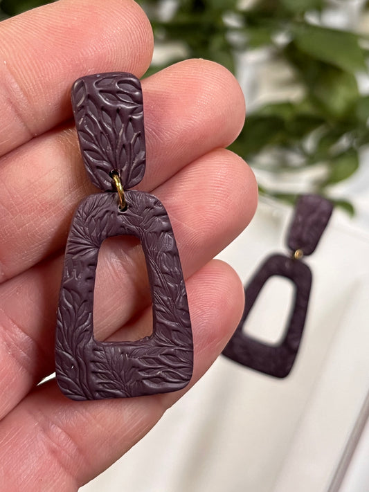 Purple Leaf Texture Trapezoid Dangle w/ Clay Stud (Gold)
