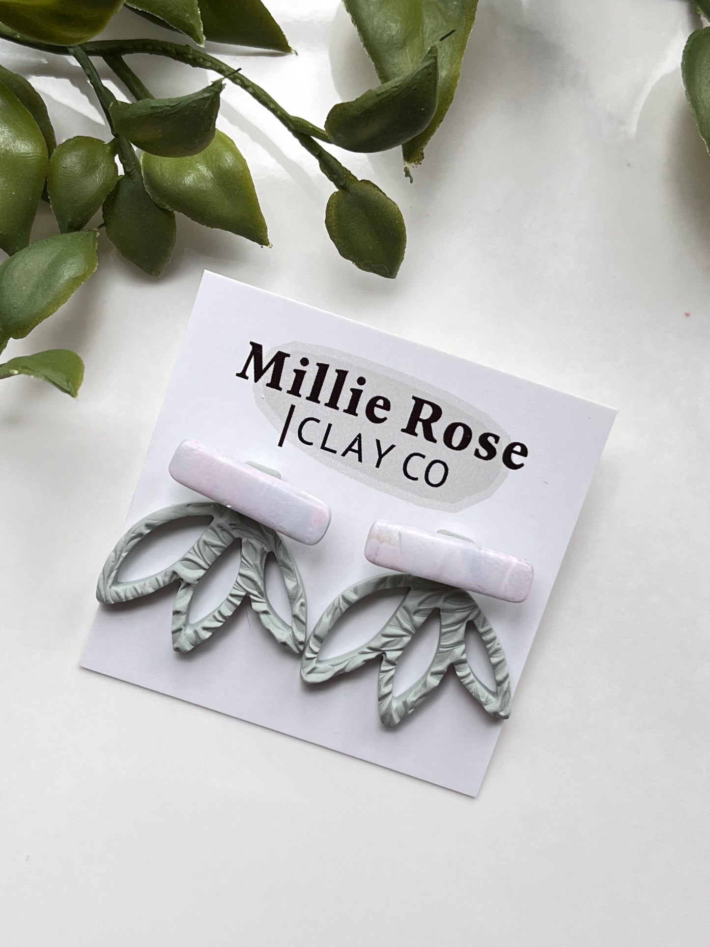 Marbled and Light Sage Green Leaf Earring Jacket Stud