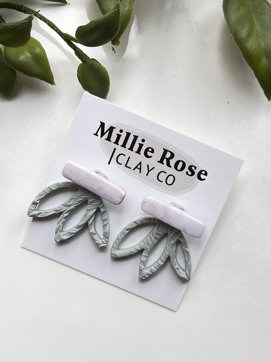 Marbled and Light Sage Green Leaf Earring Jacket Stud