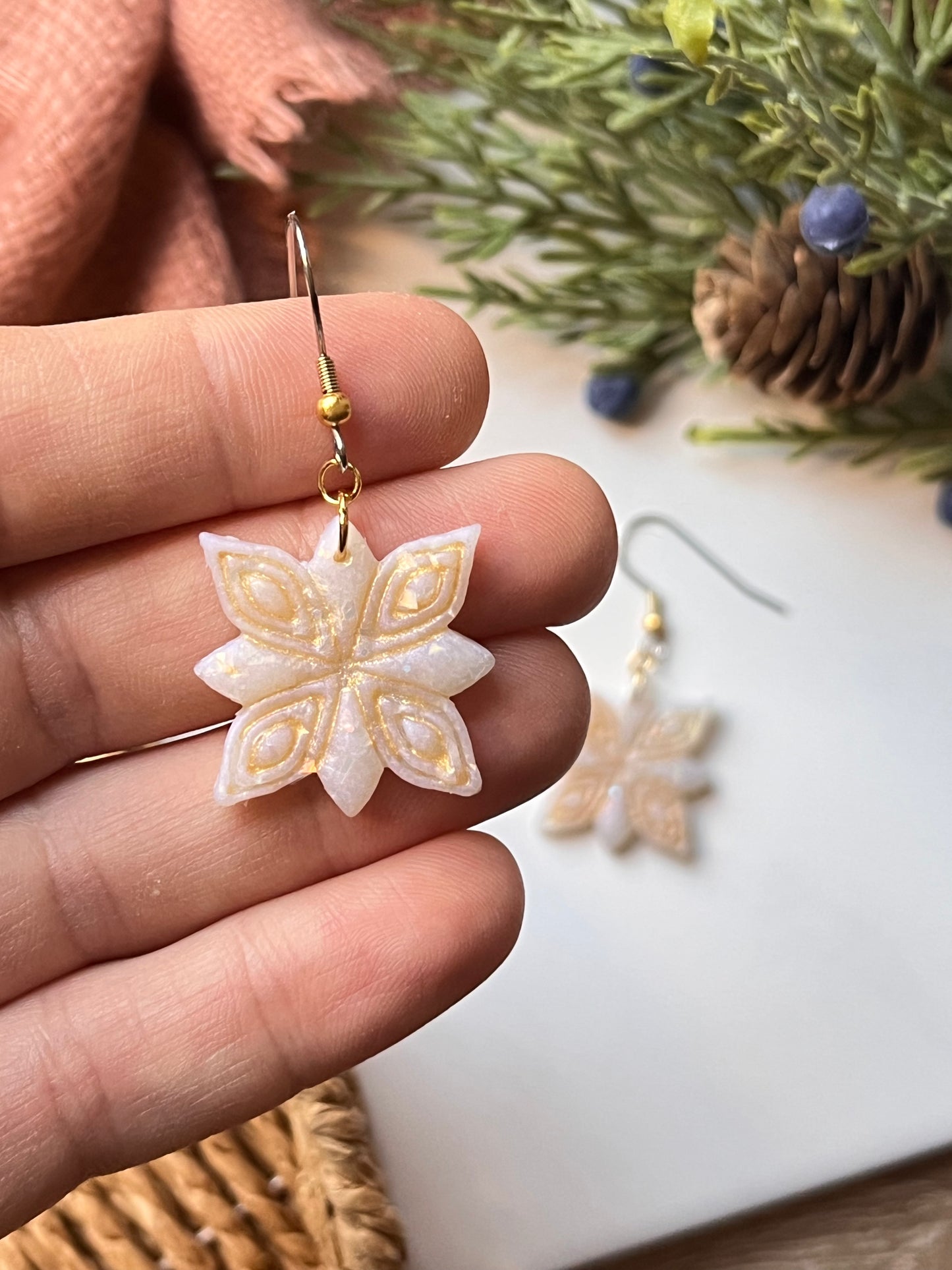 Opal Embossed Snowflake Dangle w/ Mixed Metal Hook (Gold)