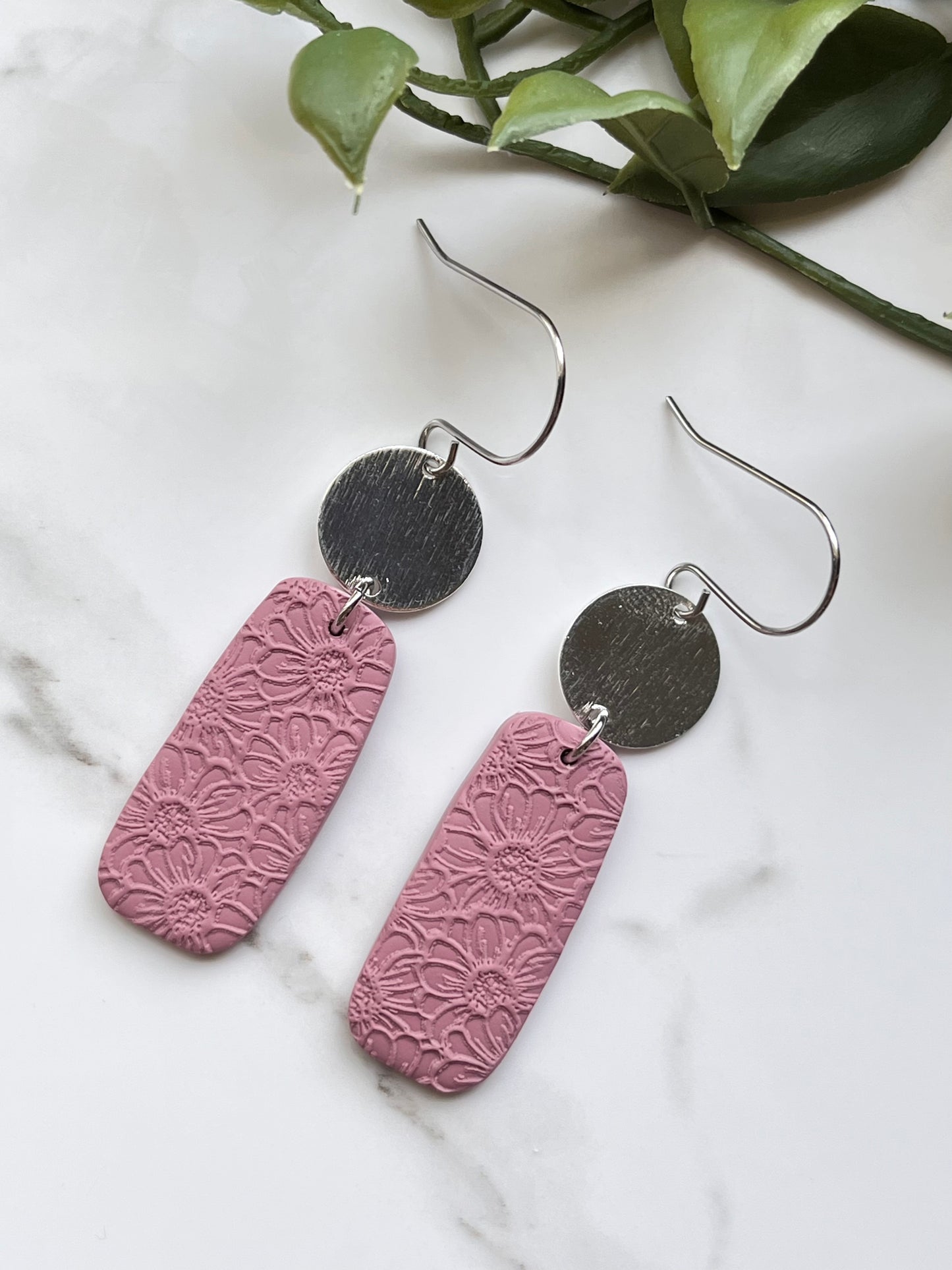 Pink Sunflower Textured Rectangle Dangle w/ Brass Charm (Silver)