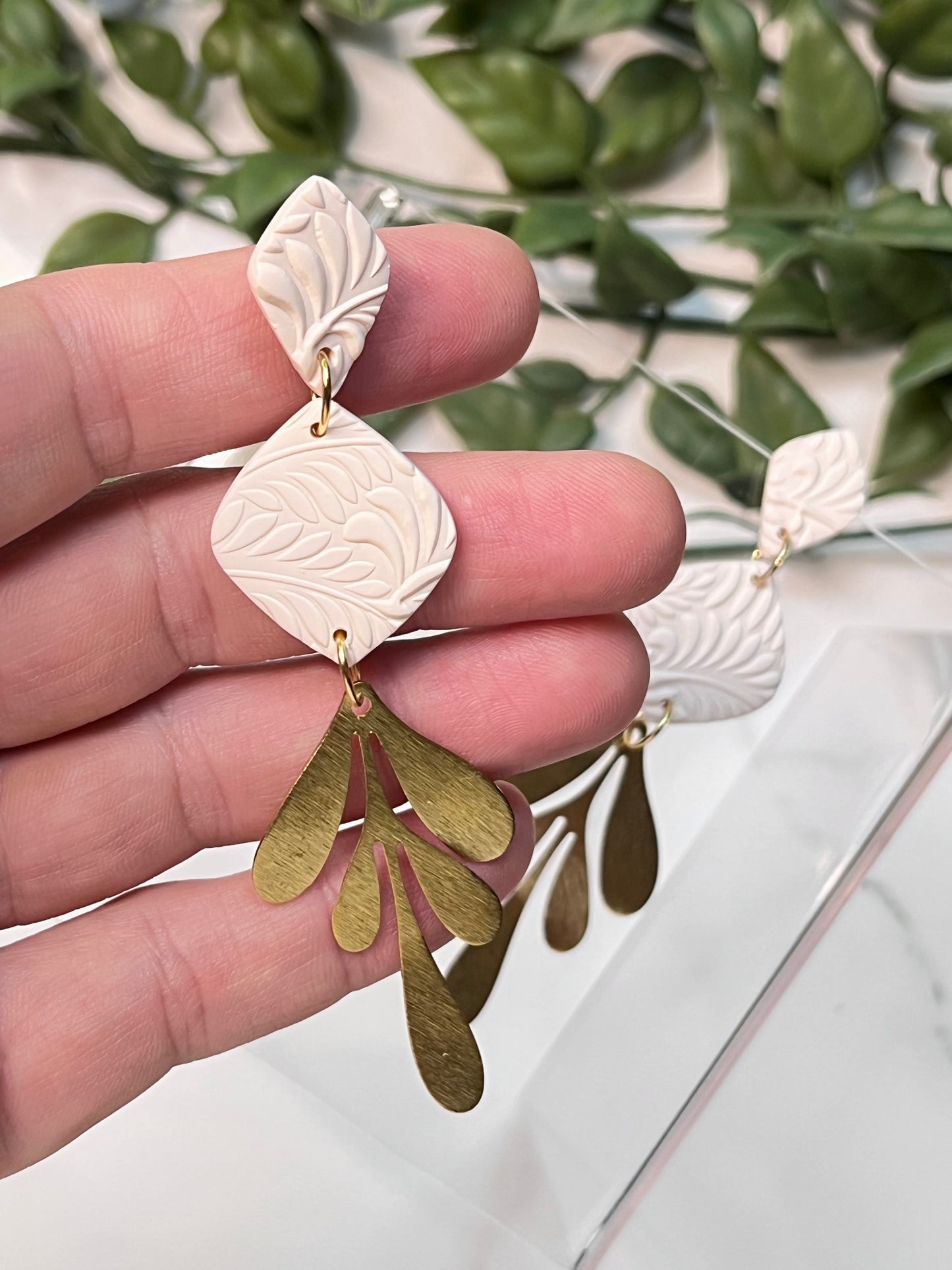 Cream Drop Textured Clay Stud Dangle w/ Gold Brass Leaf Charm