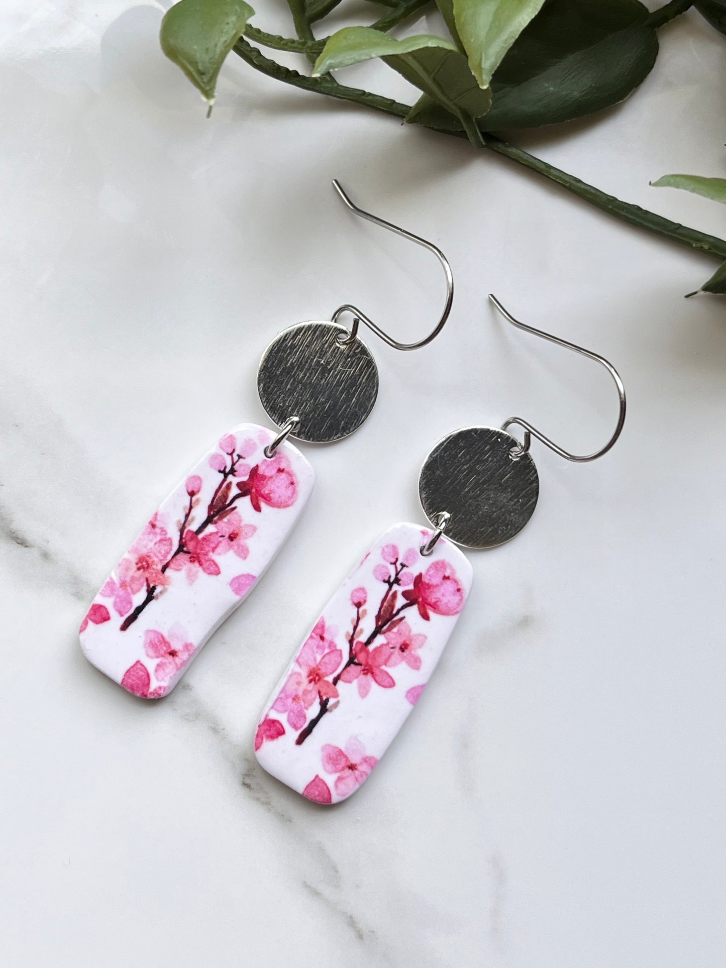 Cherry Blossom Rectangle Dangle w/ Brass Charm (Silver)