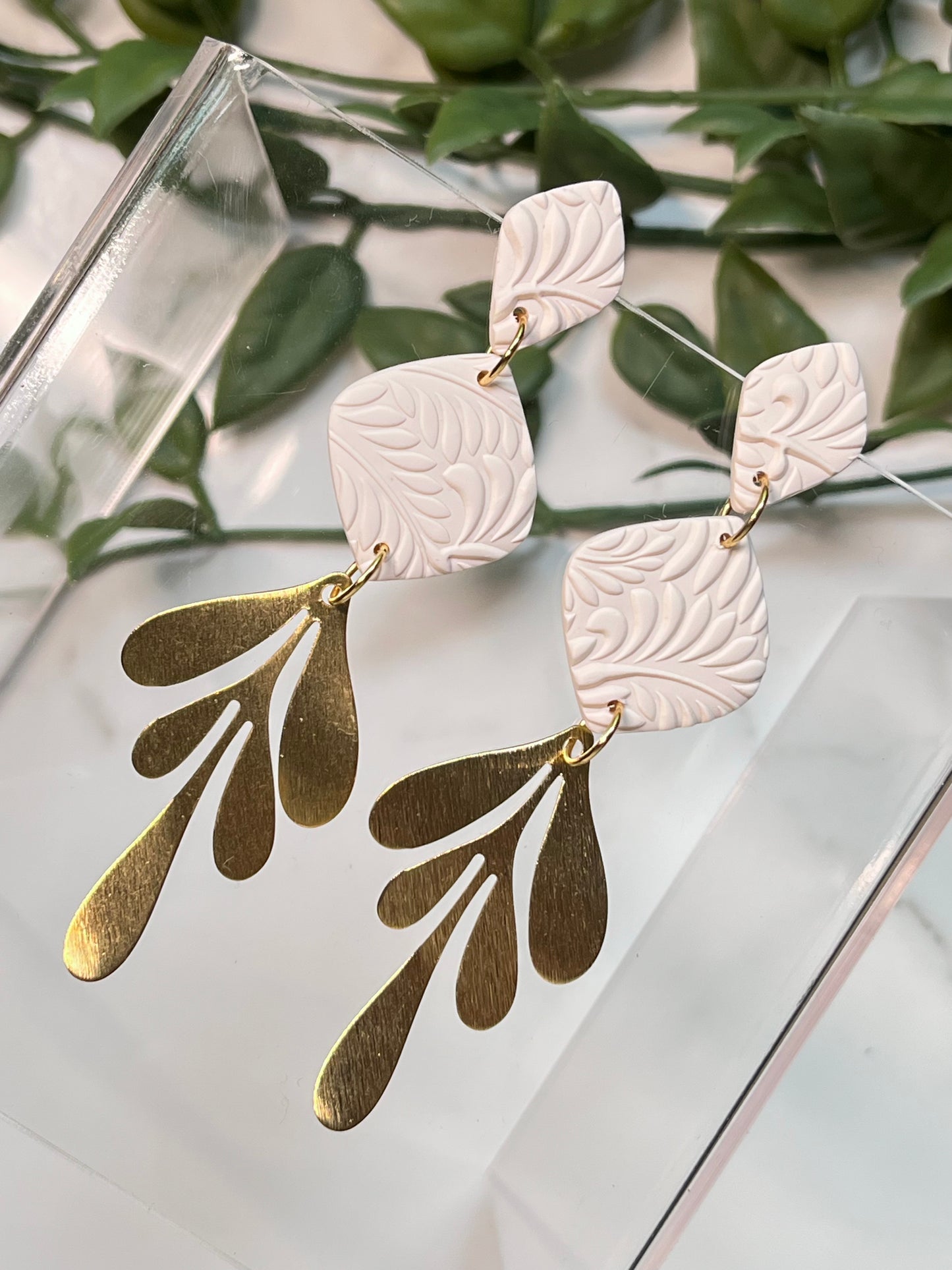 Cream Drop Textured Clay Stud Dangle w/ Gold Brass Leaf Charm
