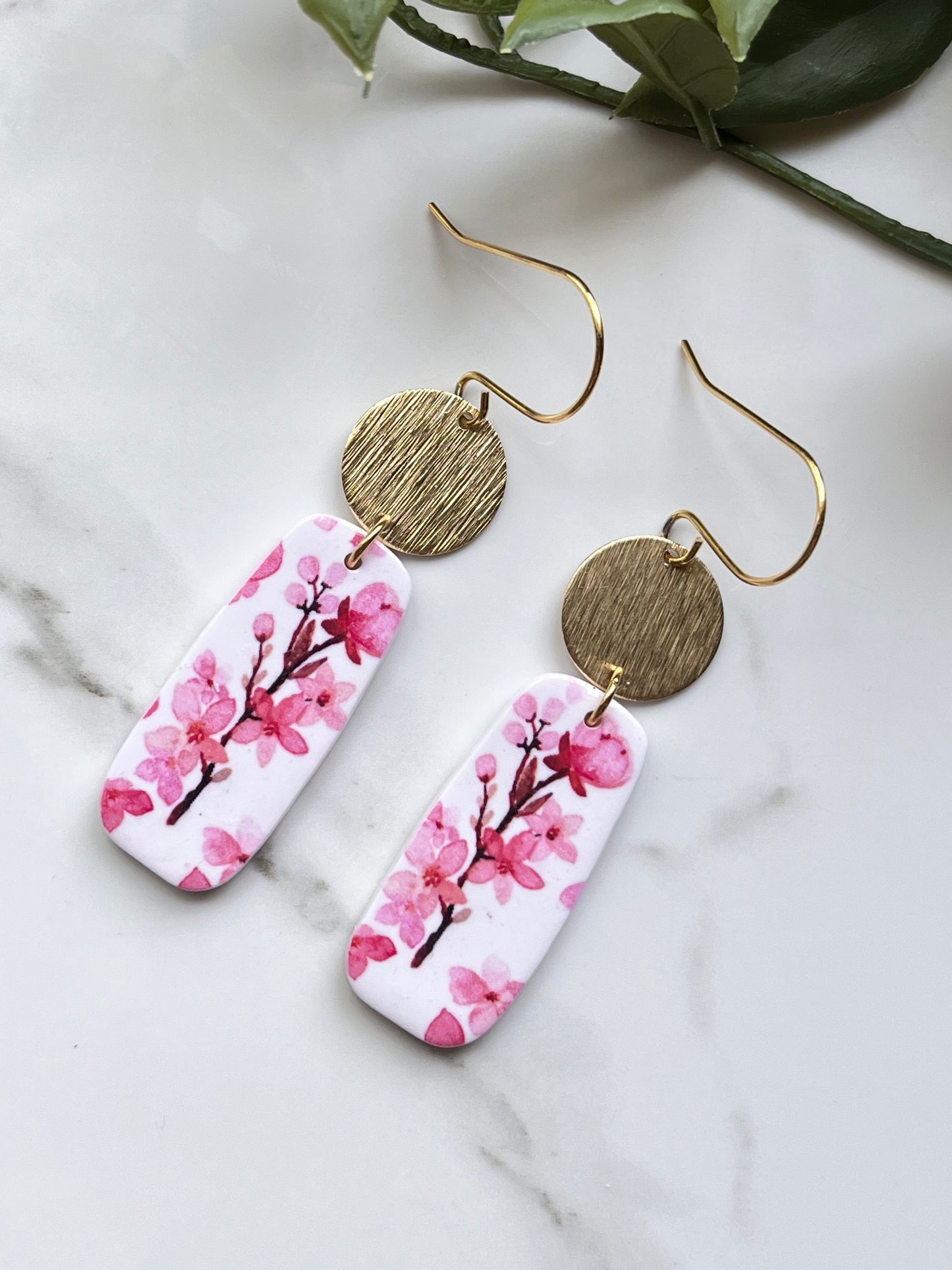Cherry Blossom Rectangle Dangle w/ Brass Charm (Gold)