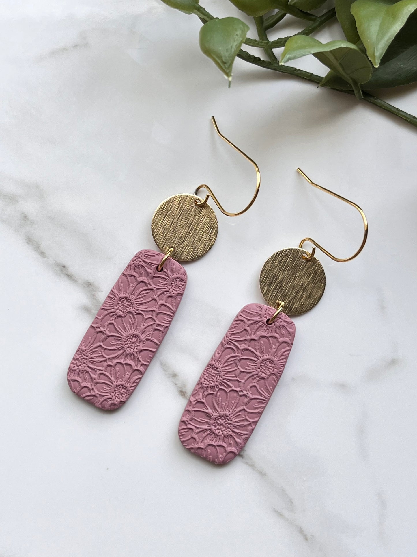 Pink Sunflower Textured Rectangle Dangle w/ Brass Charm (Gold)