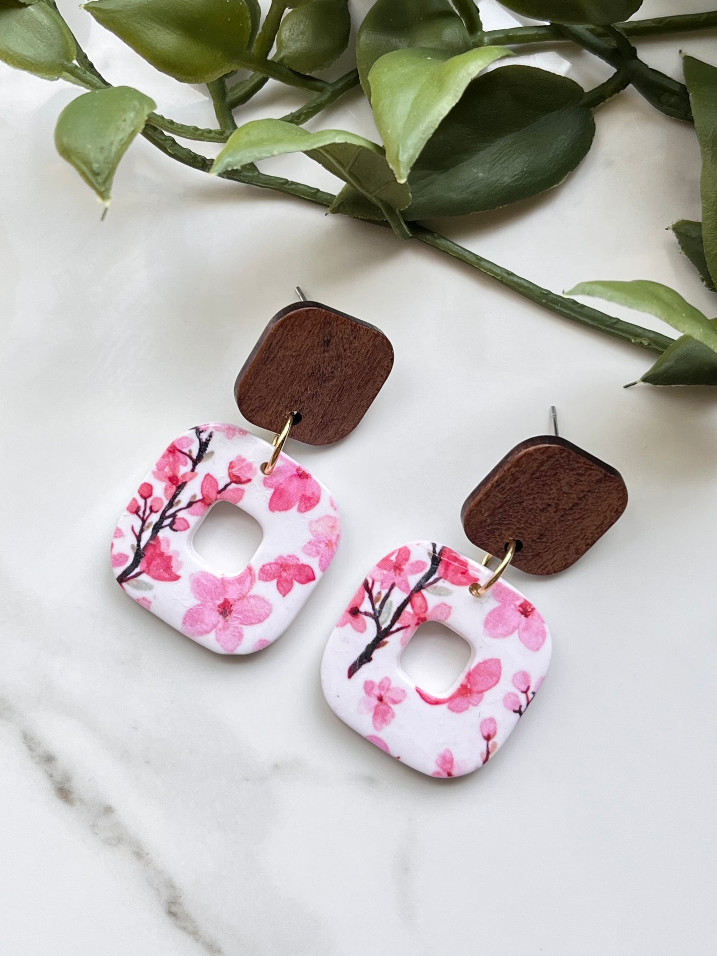 Cherry Blossom Square Dangle w/ Wood Top Stud