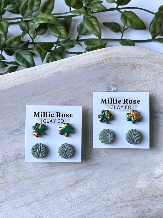 Stud Pack - Textured 4-Leaf Clover w/ Gold Leaf & Textured Sage Green Circle