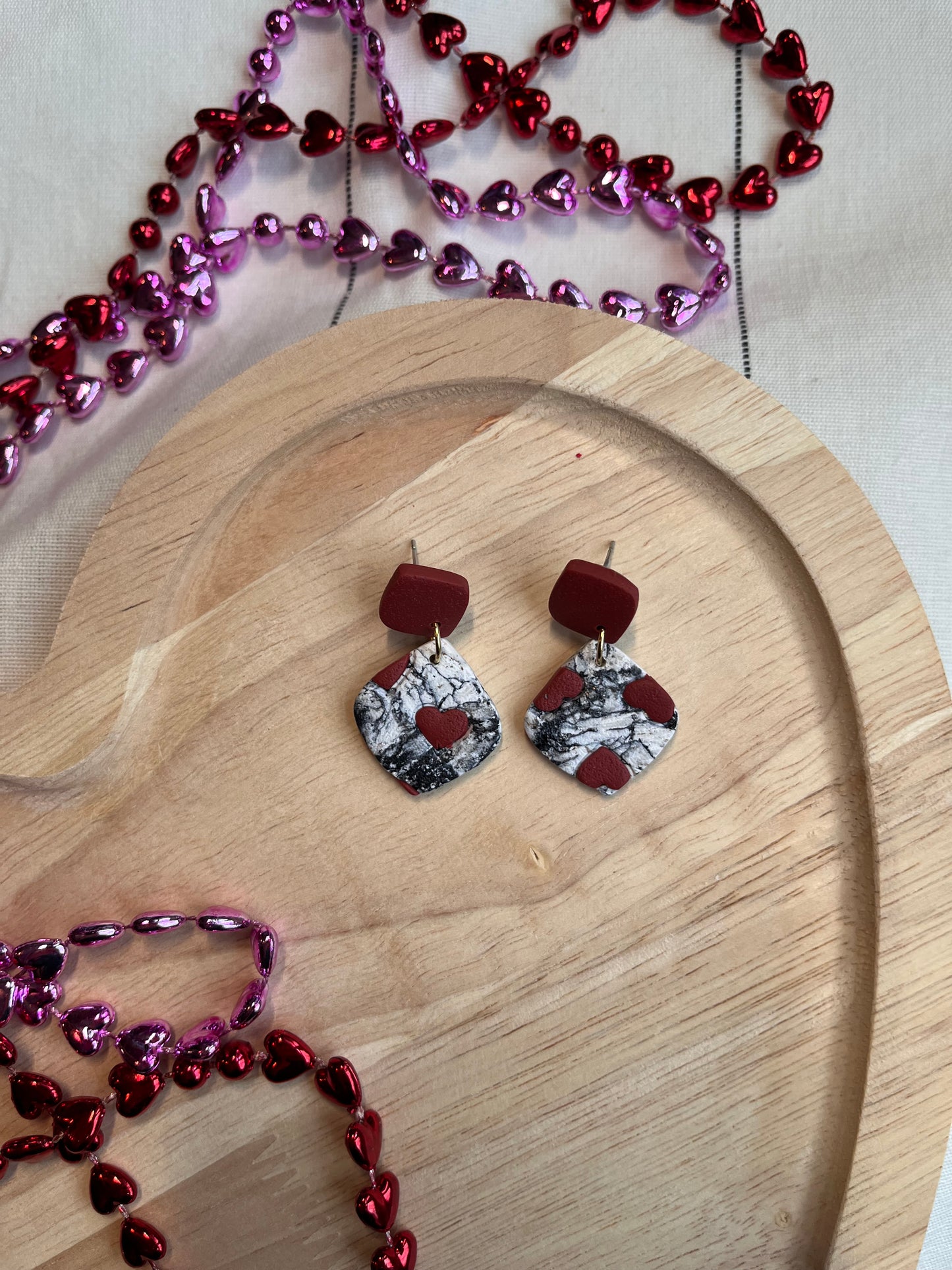 B&W Marbled Heart Accent Dangle w/ red clay stud