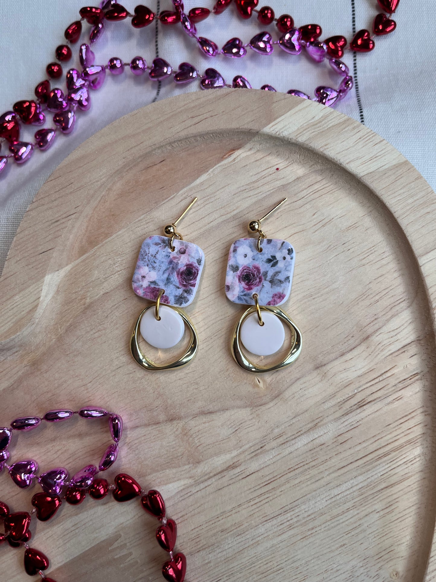 Floral Printed Square Dangle w/ Organic Gold Brass Charm (Cream bottom)