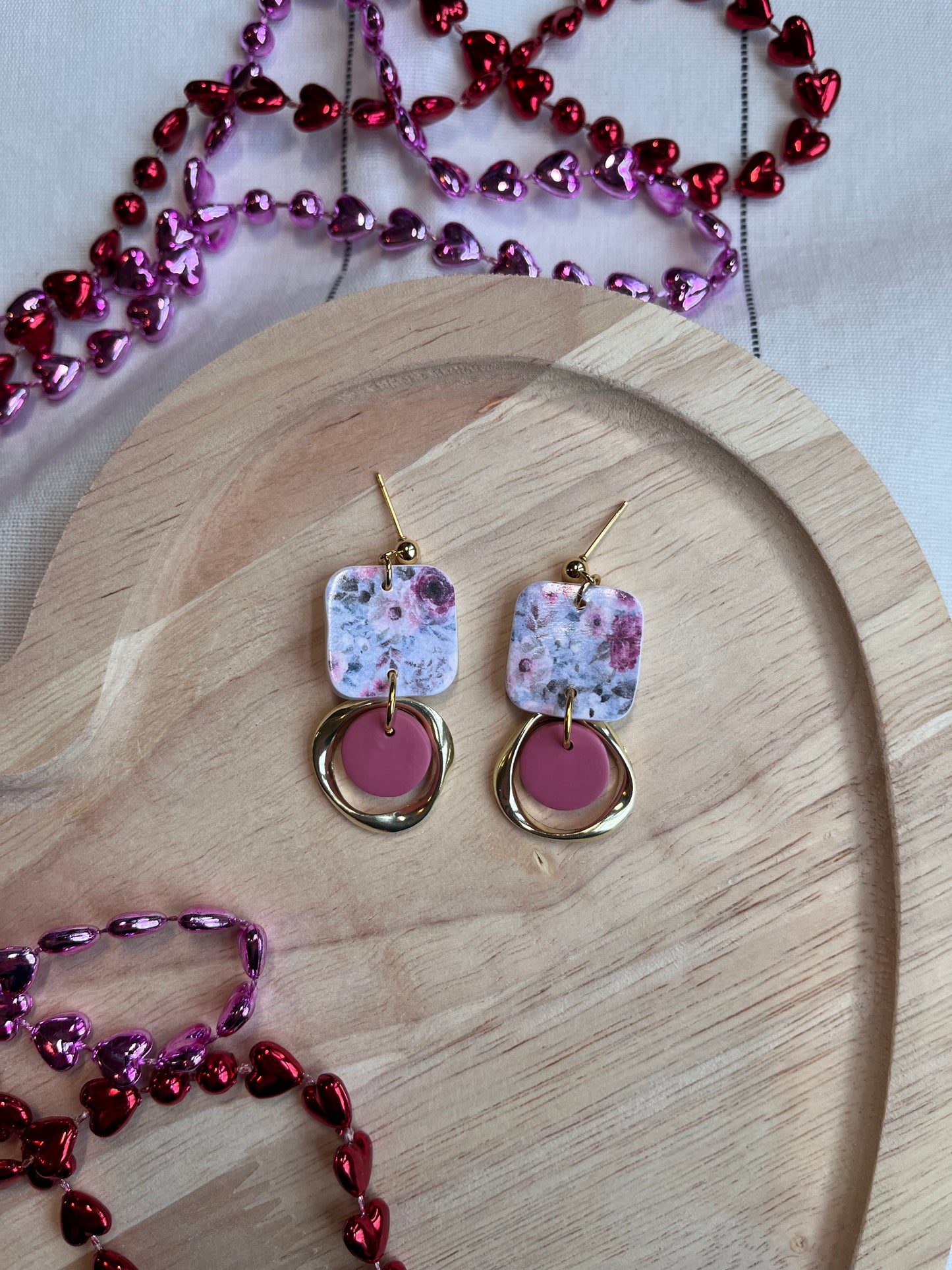 Floral Printed Square Dangle w/ Organic Gold Brass Charm (Pink bottom)