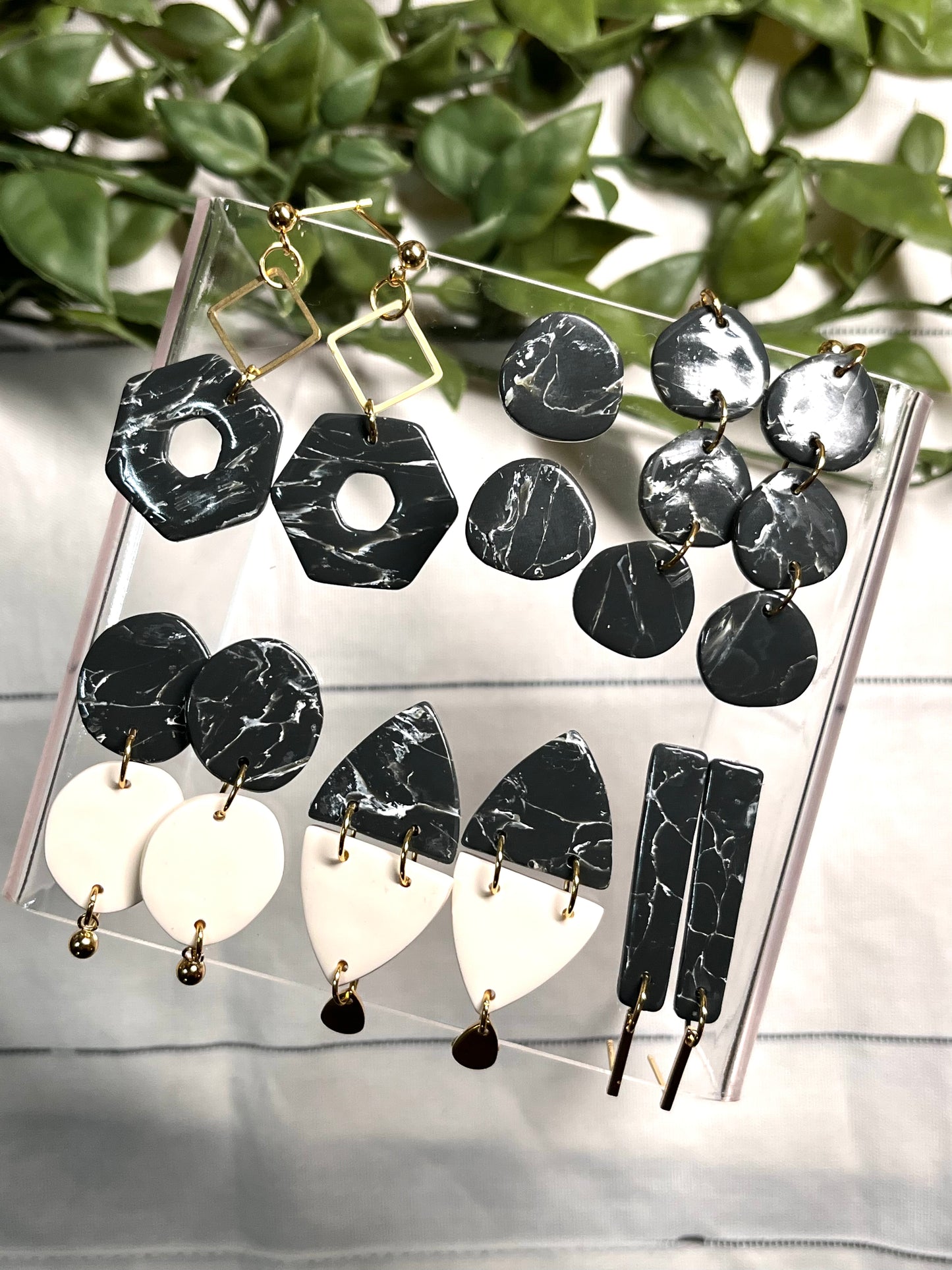 Deep Green Marble Stacked Large Organic Pebble Dangle w/ Ball Stud