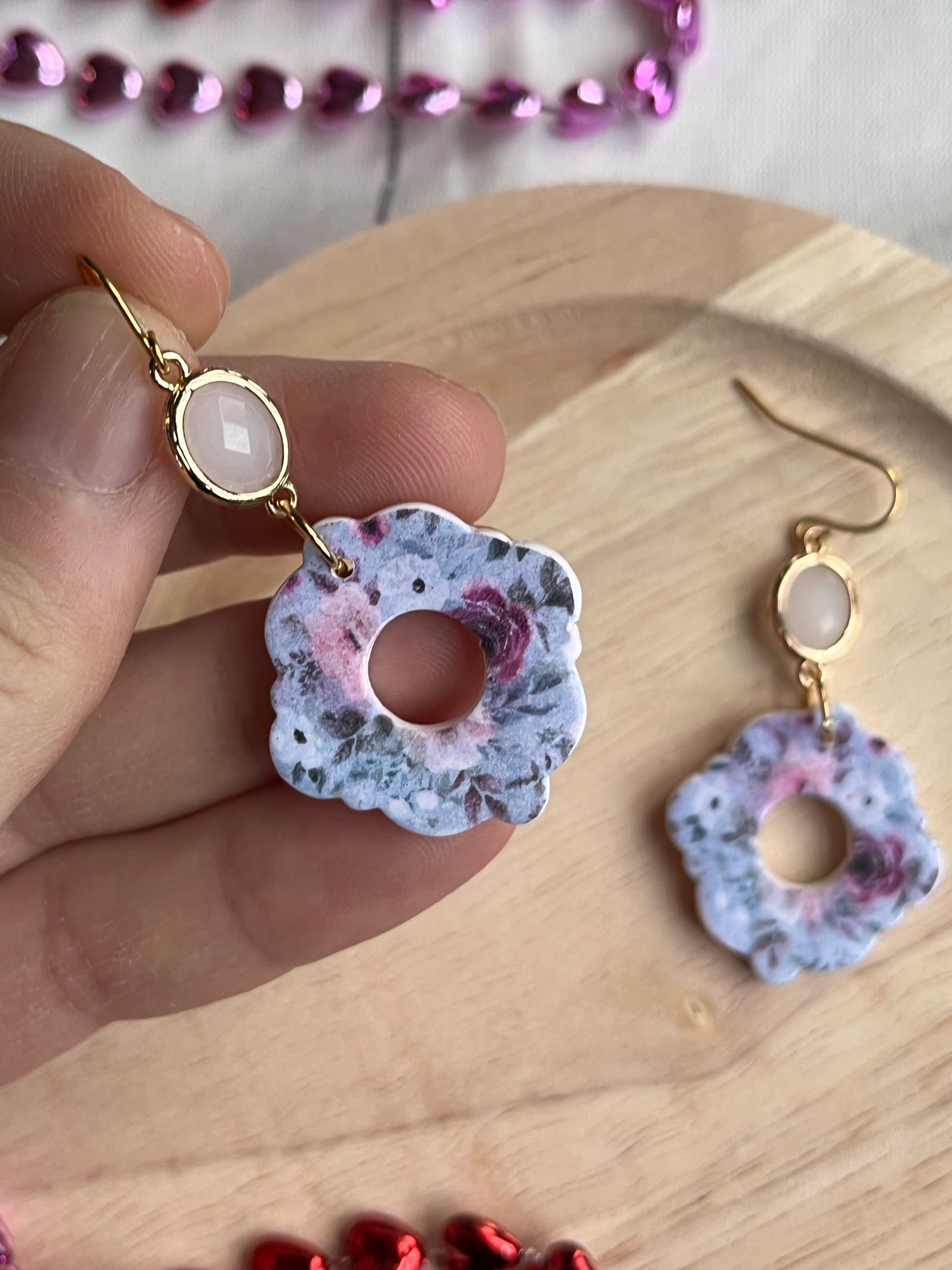 Floral Printed Romantic Circle Hook Dangle w/ gold Opal charm