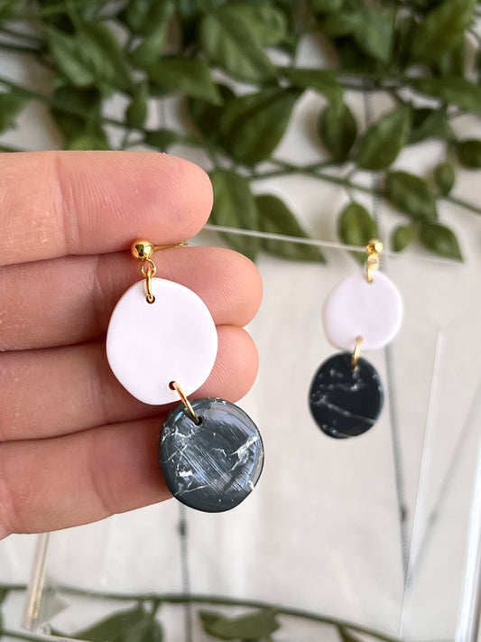 Deep Green Marble Stacked Large Organic Pebble Dangle w/ Ball Stud