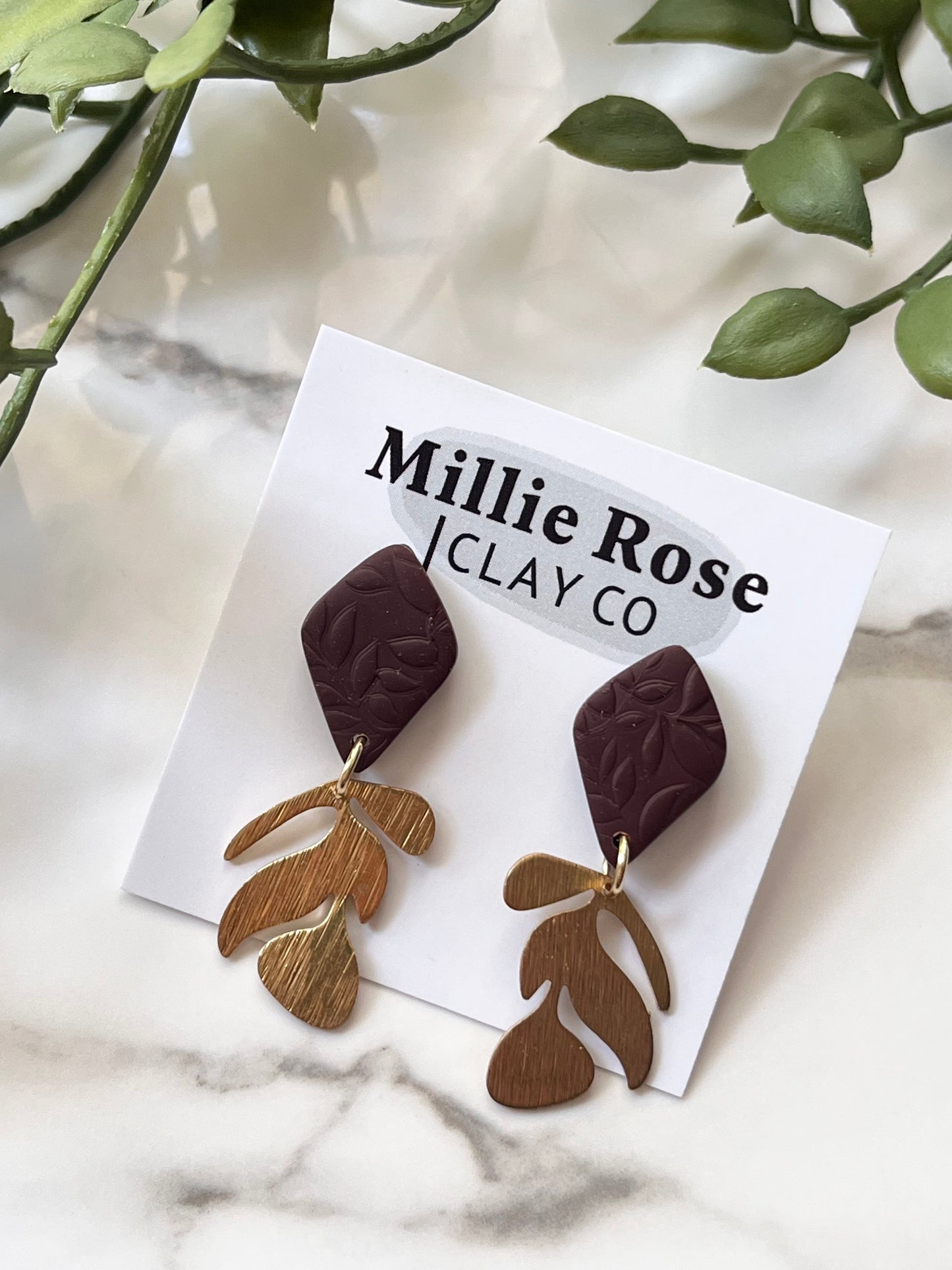 Burnt Umber Mini Drop Textured Clay Stud Dangle w/ Gold Brass Charm
