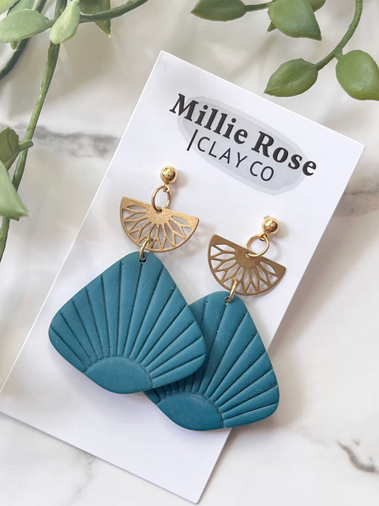 Teal Embossed Organic Triangle Dangle w/ Gold Semi Circle Charm