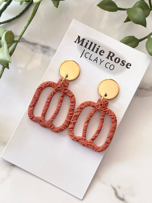 Fall Terracotta Lace Textured Pumpkin Dangle w/ Gold Circle Stud