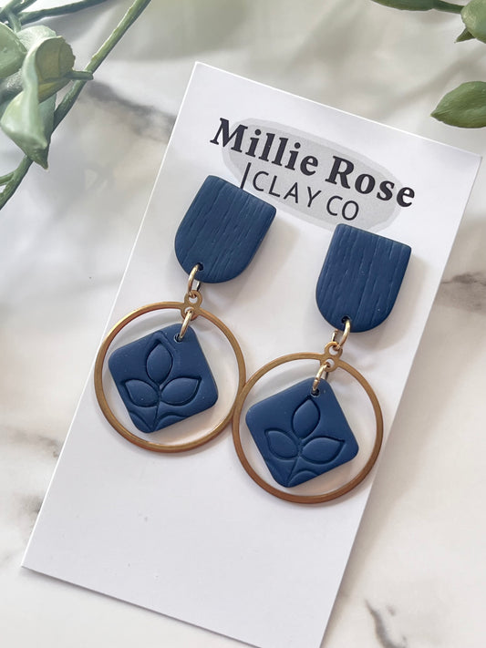 Navy Leaf Imprint Clay Stud Dangle w/ Gold Circle Brass Charm (Gold)