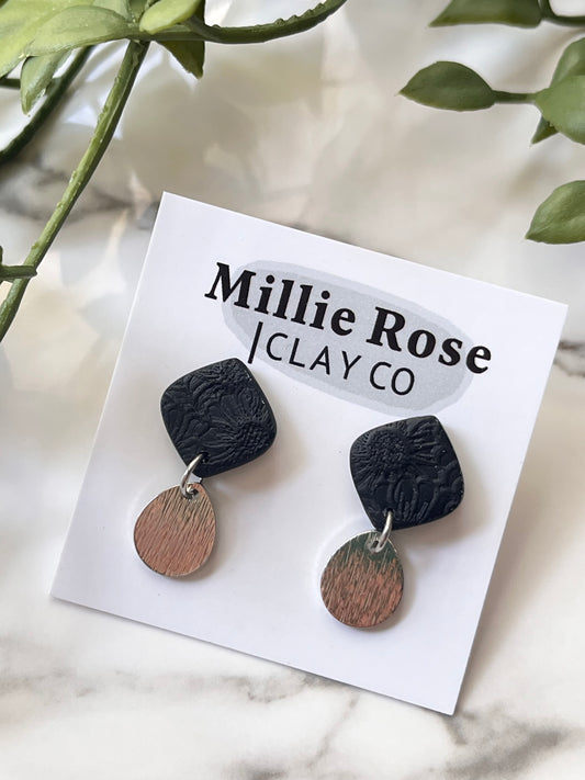 Black Sunflower Textured Mini Diamond Dangle w/ Silver Teardrop Charm