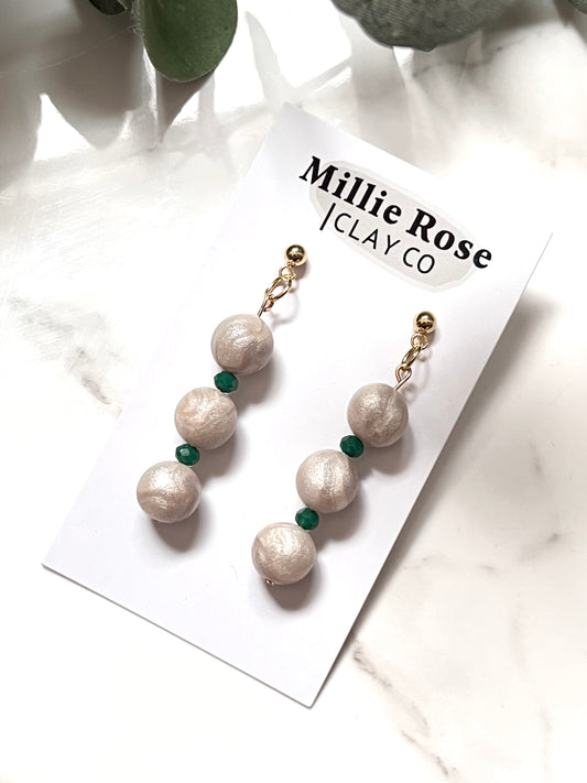 Pearl Clay Beads Dangle w/ Green Accent (Gold)