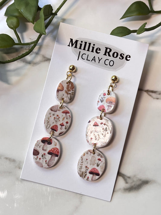 Mushrooms Print Organic Triple Stacked Pebble Dangle (Gold)