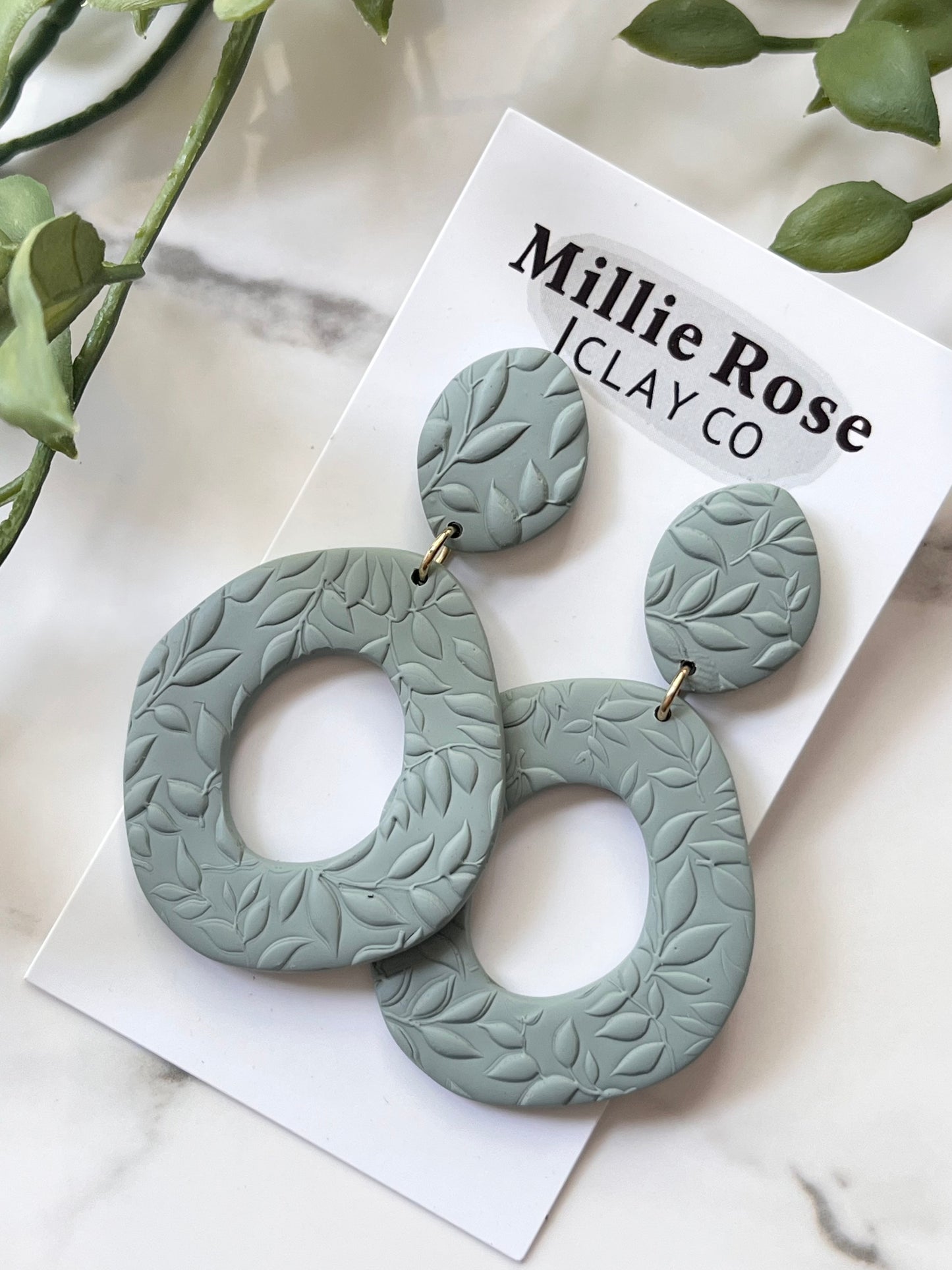 Sage Green Organic Oval Textured Clay Stud Dangle (Gold)