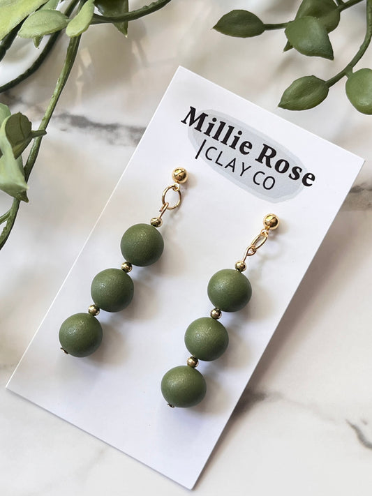 Green Pearl Clay Beads Dangle w/ Gold Ball Stud
