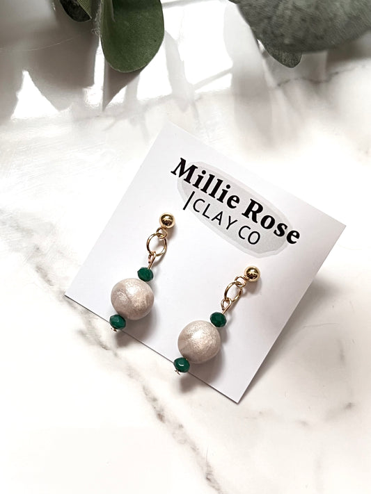 Pearl Clay Beads Mini Dangle w/ Green Accent (Gold)