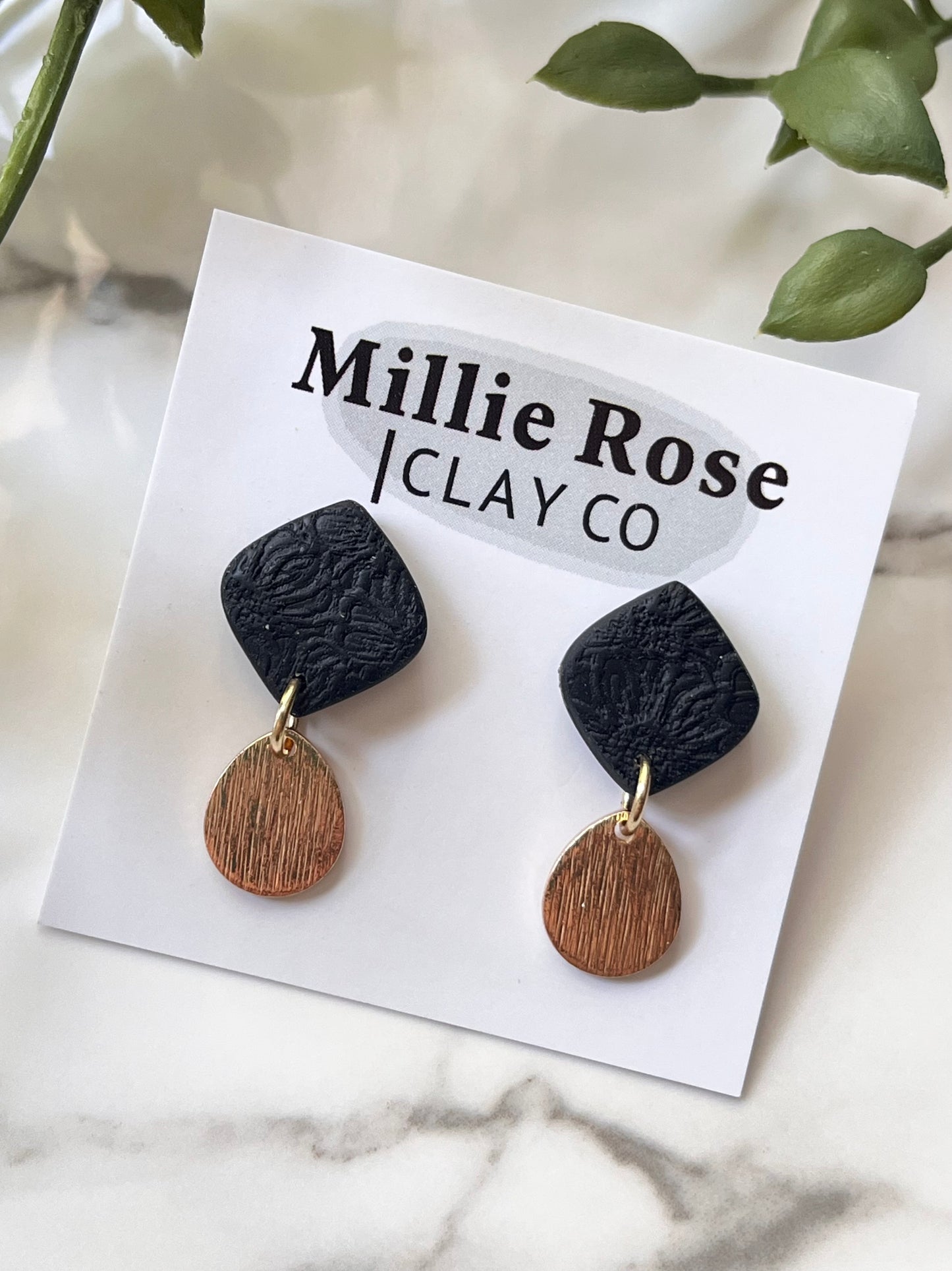 Black Sunflower Textured Mini Diamond Dangle w/ Gold Teardrop Charm