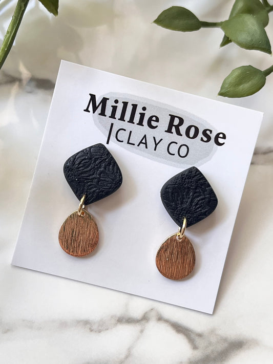 Black Sunflower Textured Mini Diamond Dangle w/ Gold Teardrop Charm