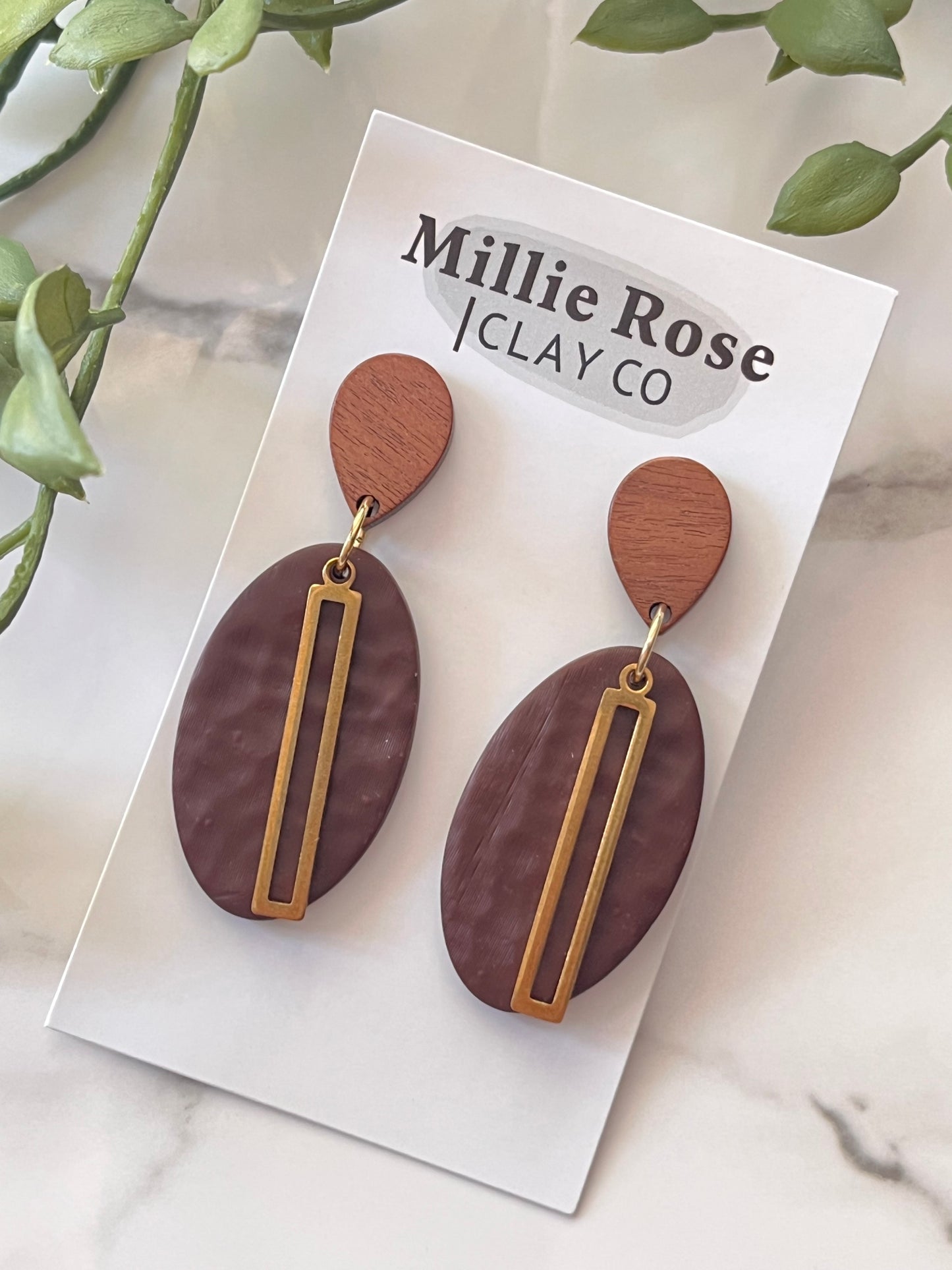 Burnt Umber Hammered Oval Dangle w/ Stick Charm