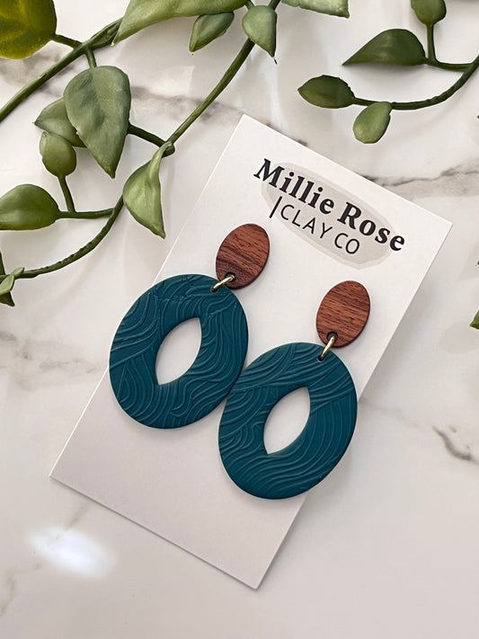 Teal Oval Waves Textured Dangle w/ Wood Stud (Gold)