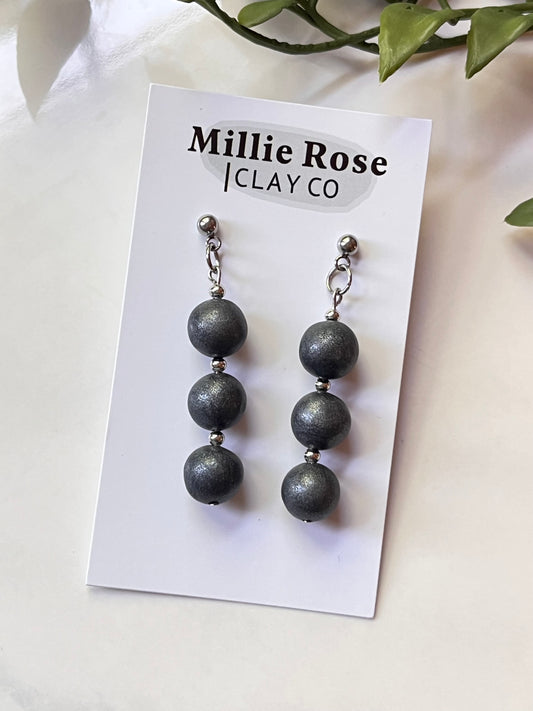 Graphite Clay Beads Dangle w/ Silver Ball Stud
