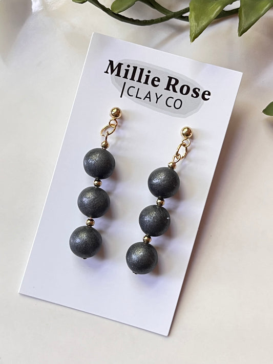 Graphite Clay Beads Dangle w/ Gold Ball Stud