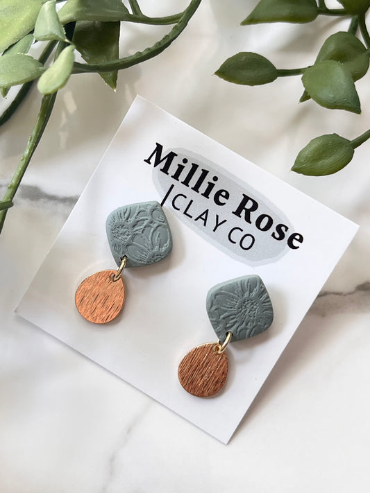 Sage Green Sunflower Textured Mini Diamond Dangle w/ Gold Teardrop Charm