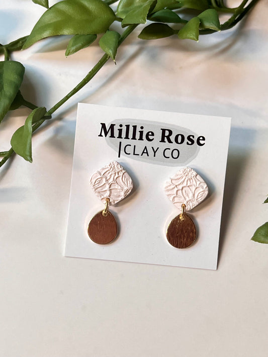 Cream Sunflower Texture Mini Diamond Dangle w/ Gold Teardrop Charm