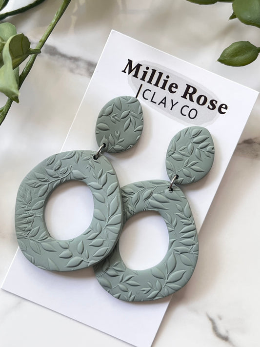 Sage Green Organic Oval Textured Clay Stud Dangle (Silver)