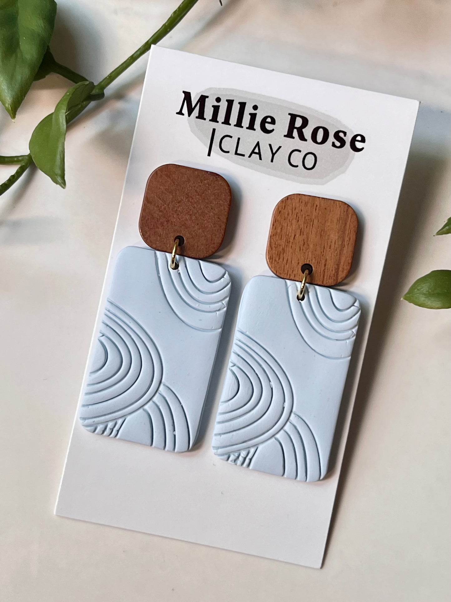 Light Blue Abstract Embossed Rectangle Dangle w/ Wood Square Stud (Gold)