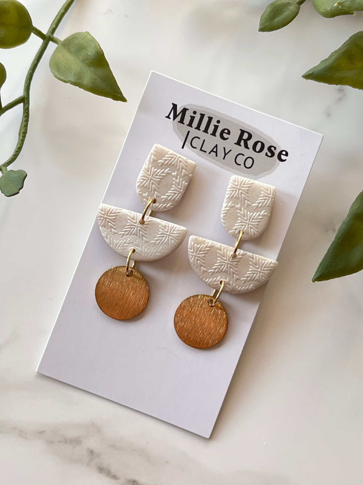 Pearl Snowflake Texture Semi Circle Dangle w/ Gold Circle Charm