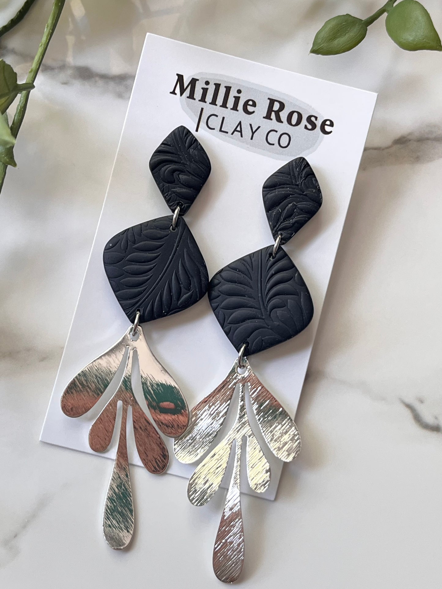 Black Drop Textured Clay Stud Dangle w/ Silver Brass Leaf Charm