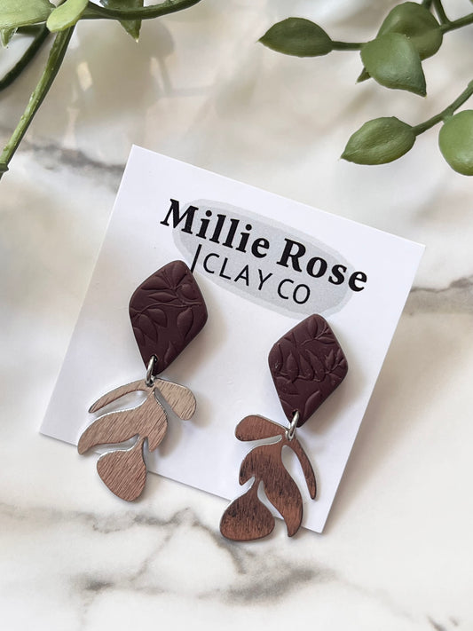 Burnt Umber Mini Drop Textured Clay Stud Dangle w/ Silver Brass Charm