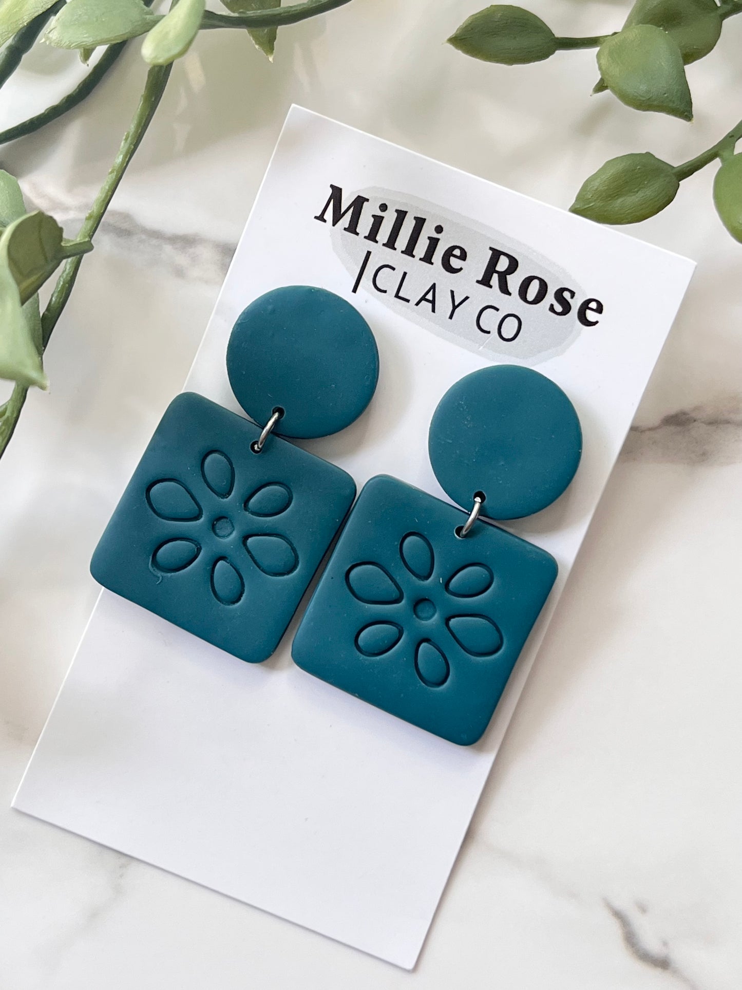 Teal Square Embossed Dangle w/ Clay Stud Top (Silver)