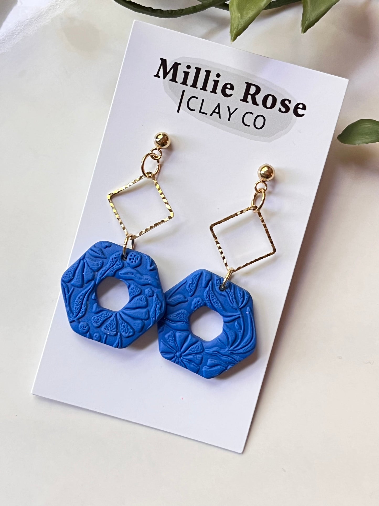 Cobalt Boho Texture Stacked Hexagon Dangle w/ Gold Ball Stud