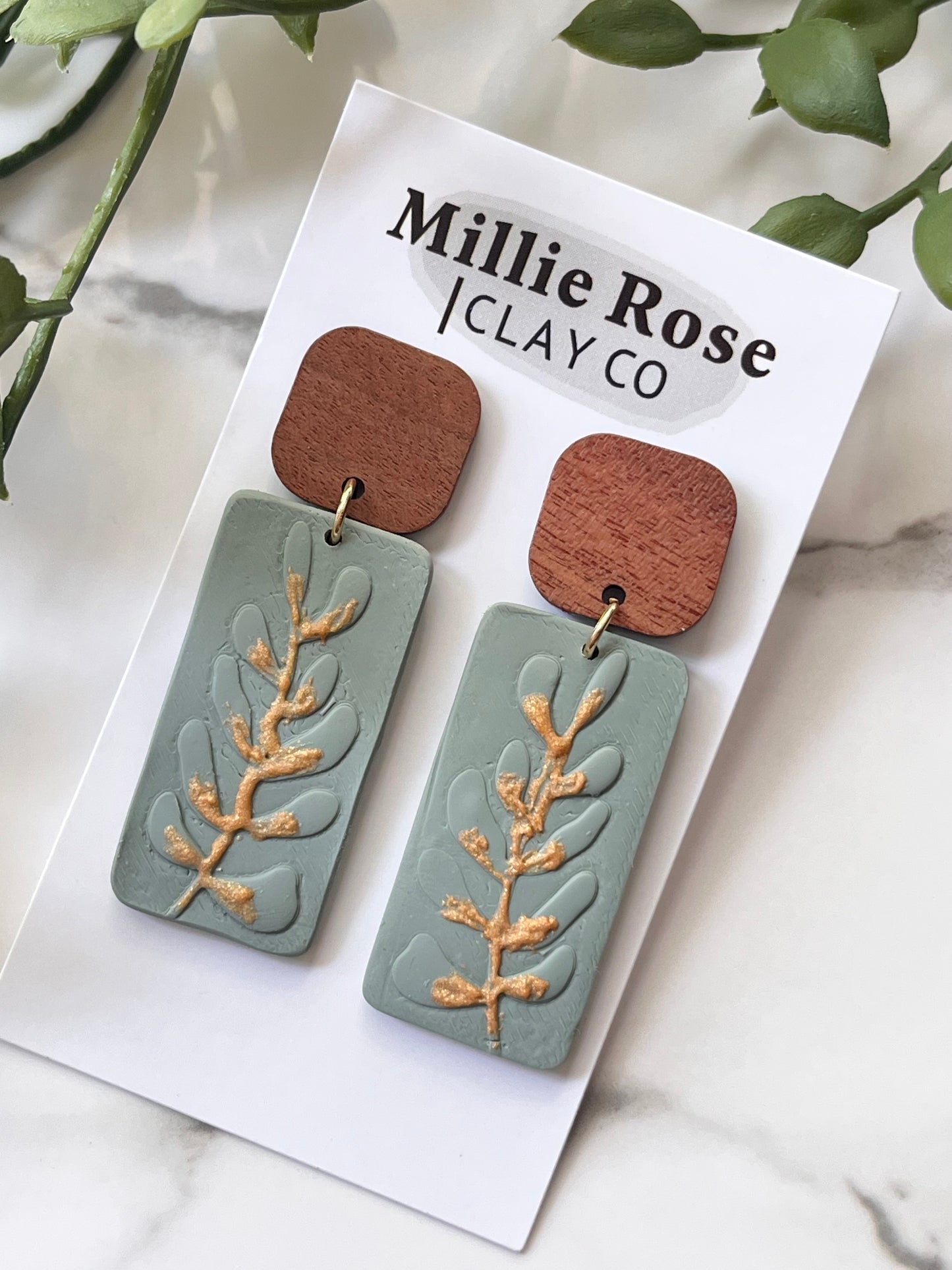 Sage Green Embossed Rectangle Dangle w/ Wood Square Stud (Gold)