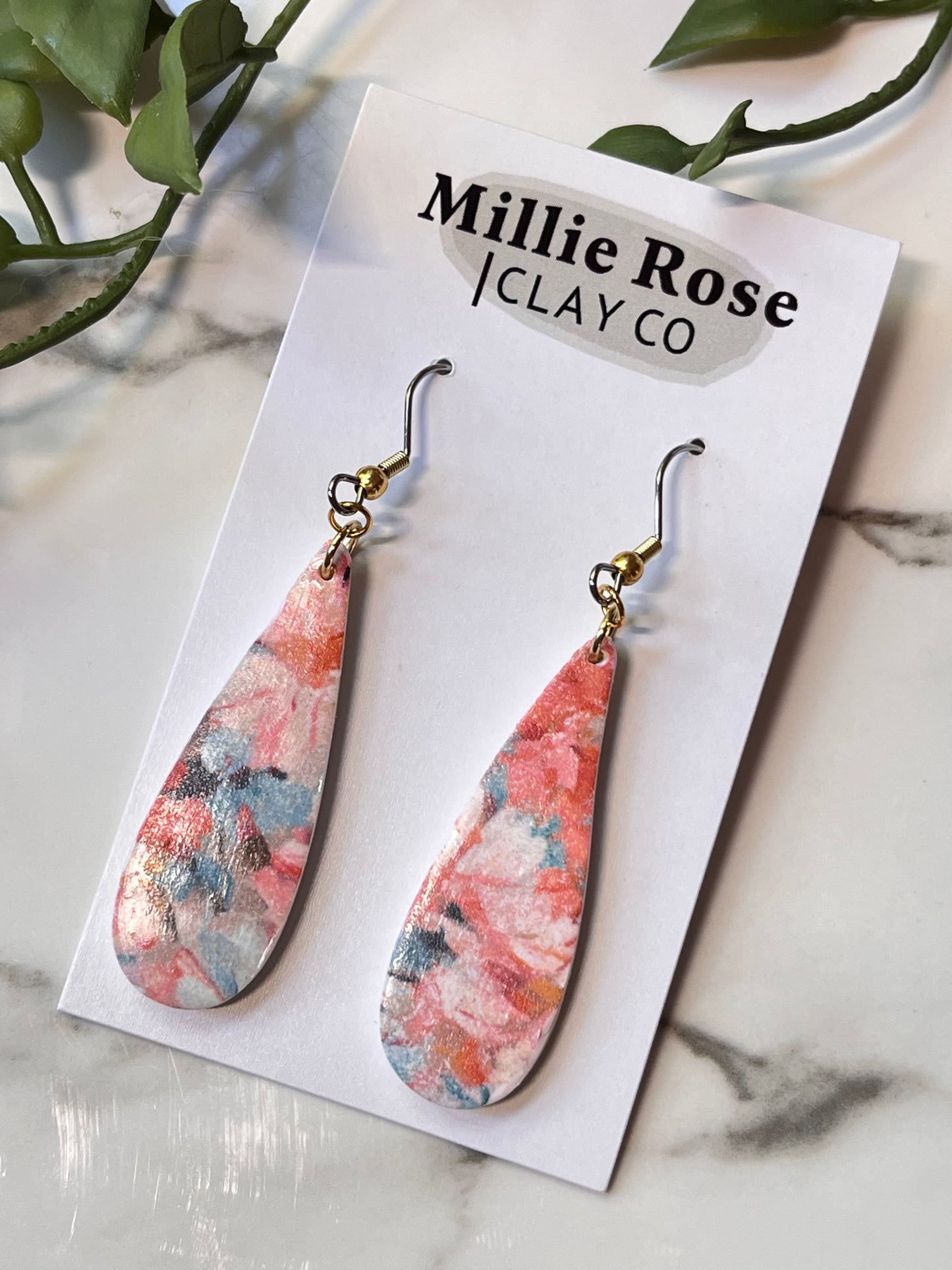 Abstract Floral Teardrop Dangle w/ Mixed Metal Hook (Gold)