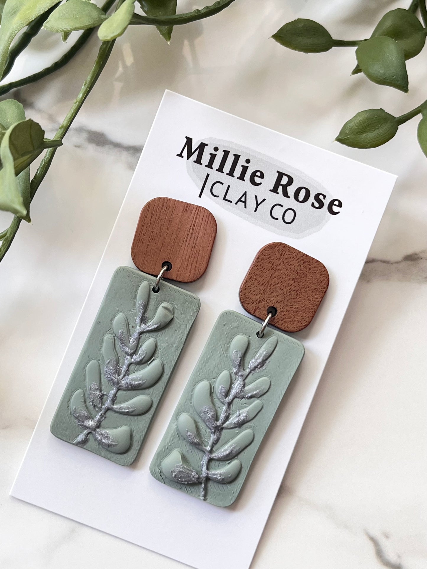 Sage Green Embossed Rectangle Dangle w/ Wood Square Stud (Silver)