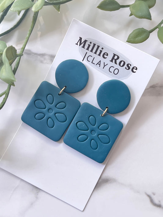 Teal Square Embossed Dangle w/ Clay Stud Top (Gold)