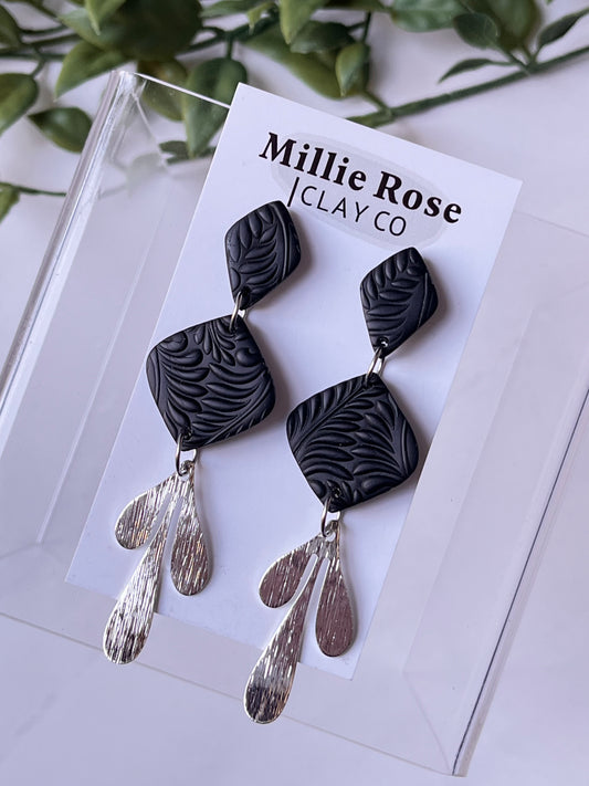 Black Drop Textured Clay Stud Dangle w/ Silver Brass Leaf Charm