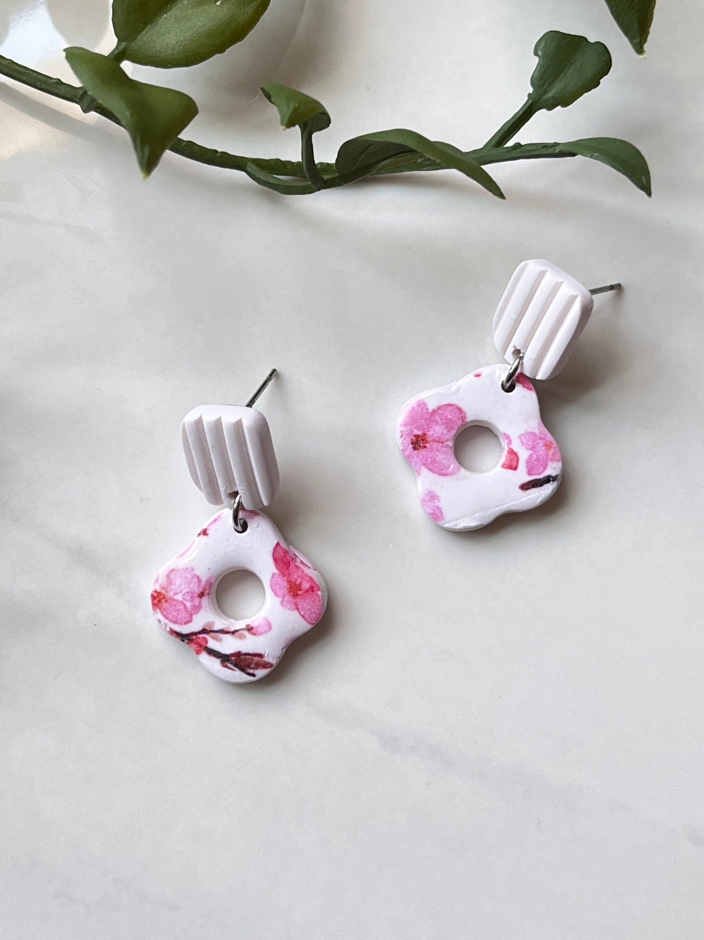 Cherry Blossom Mini Flower Dangle w/ Clay Stud (Silver)