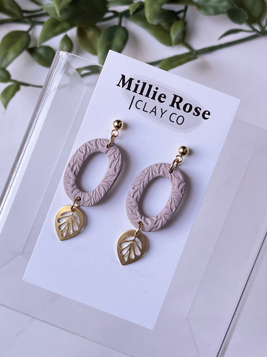 Leaf Texture Oval Dangle w/ Gold Ball Stud & Leaf Charm (Taupe)